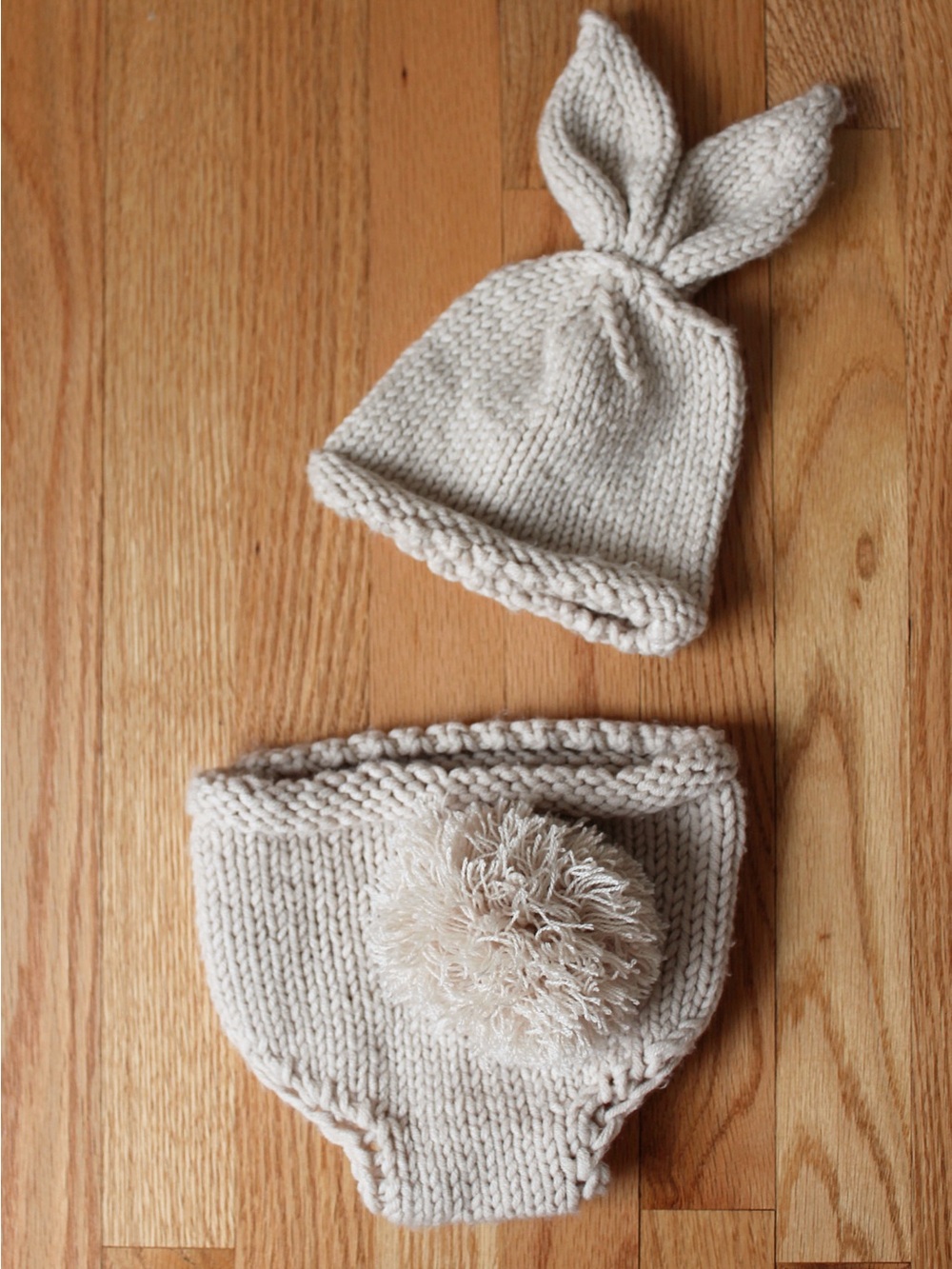 Knit Cream Baby Bunny Hat and Diaper Cover Set